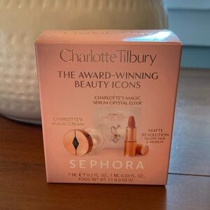 Charlotte Tilbury box of trial sized lipstick, cream and serum